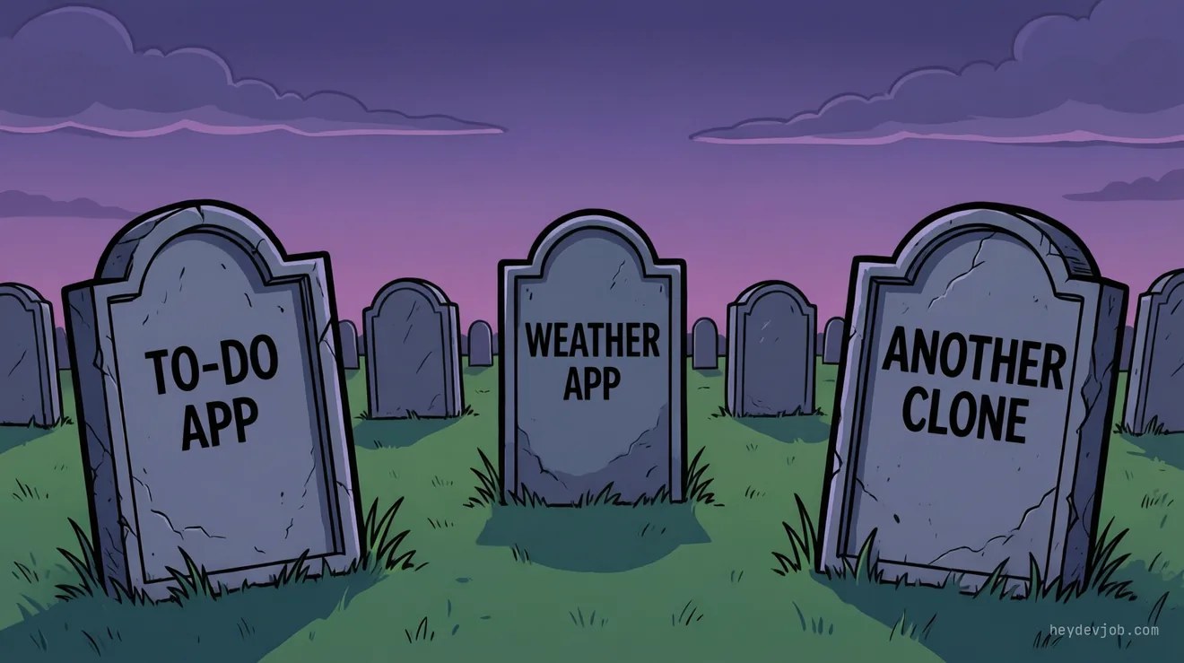 A graveyard of dead side projects, tombstones reading To-Do App, Weather App, Another Clone