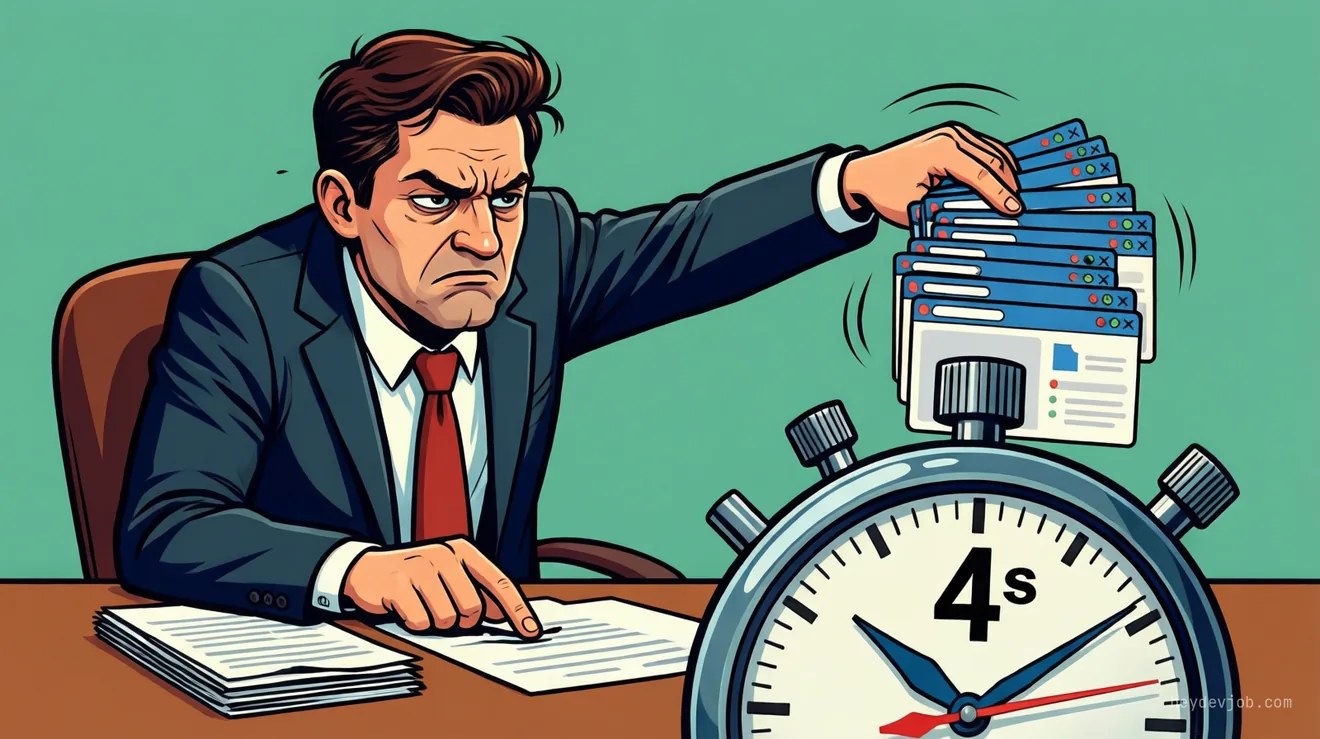 A frustrated hiring manager dismissing a stack of identical portfolios in four seconds