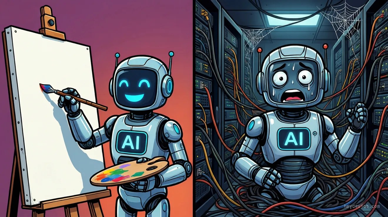 AI happily painting on a blank canvas, but lost and tangled in the cables of a real production system