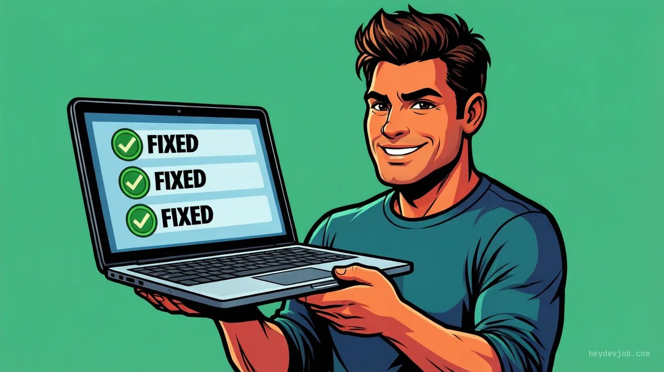 A developer holding a laptop showing a portfolio of fixed production systems